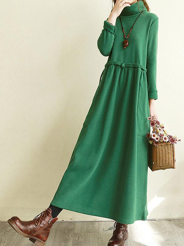 Meselling99 Vintage Solid Color Split-Joint Loose High-Neck Midi Dress-Midi Dress-Free Shipping at meselling99