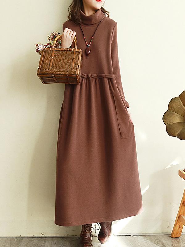 Meselling99 Vintage Solid Color Split-Joint Loose High-Neck Midi Dress-Midi Dress-Free Shipping at meselling99