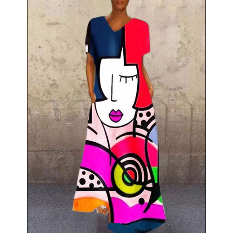 Vintage-Inspired Cat Print V-Neck Maxi Dress – Retro Floral Long Dress