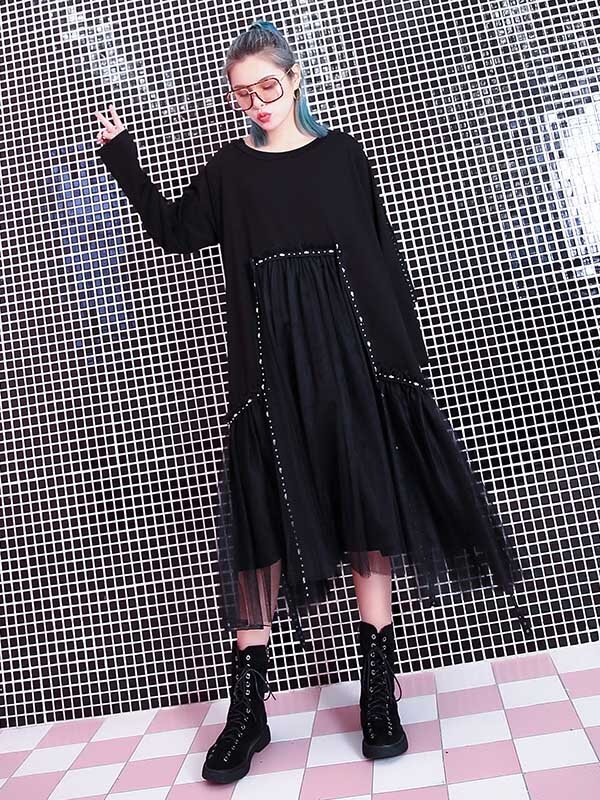 Black Loose Rivet Gauze Splicing Dress-Maxi Dresses-Free Size-Black-Free Shipping at meselling99