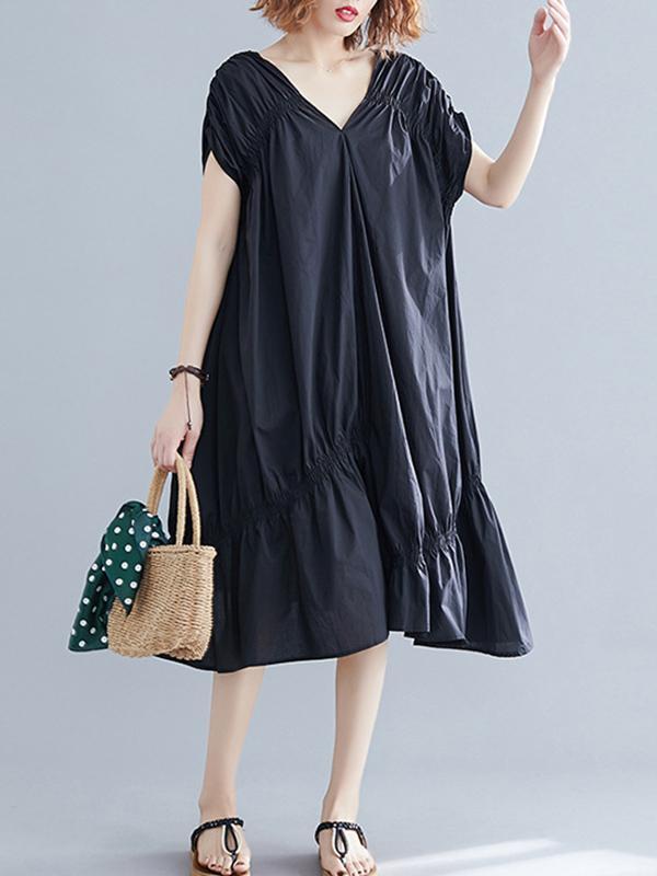 Black Loose Drawstring Ruffled Cropped Midi Dress-Cozy Dresses-Free Size-Black-Free Shipping at meselling99