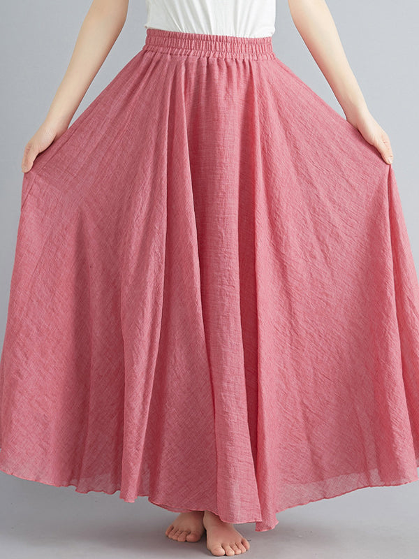 Women Elastic Waist Solid Color Casual Skirt-Maxi Dresses-LIGHT RED-M-Free Shipping at meselling99