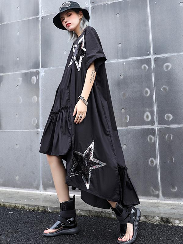Black Oversize Asymmetric Stars Dress-Maxi Dreses-Free Size-Black-Free Shipping at meselling99