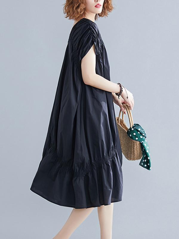 Black Loose Drawstring Ruffled Cropped Midi Dress-Cozy Dresses-Free Size-Black-Free Shipping at meselling99