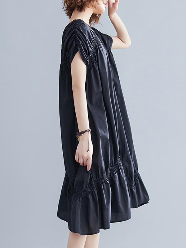 Black Loose Drawstring Ruffled Cropped Midi Dress-Cozy Dresses-Free Size-Black-Free Shipping at meselling99