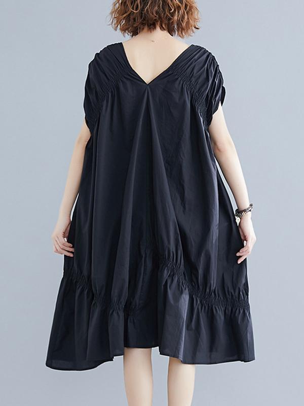 Black Loose Drawstring Ruffled Cropped Midi Dress-Cozy Dresses-Free Size-Black-Free Shipping at meselling99