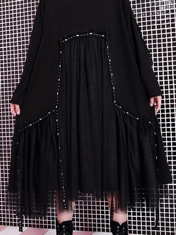 Black Loose Rivet Gauze Splicing Dress-Maxi Dresses-Free Size-Black-Free Shipping at meselling99