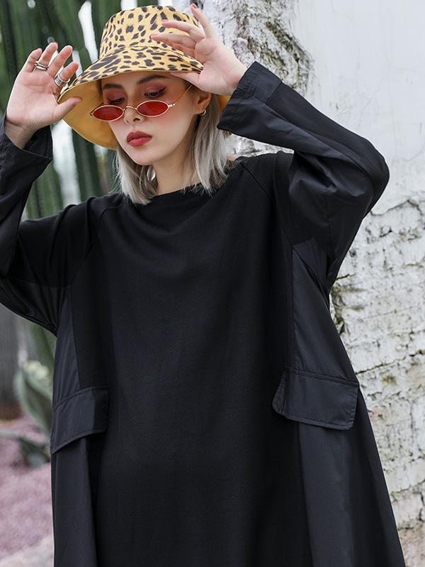 Black Loose A-line Cropped Long Sleeves Long Dress-Maxi Dresses-FREE SIZE-BLACK-Free Shipping at meselling99