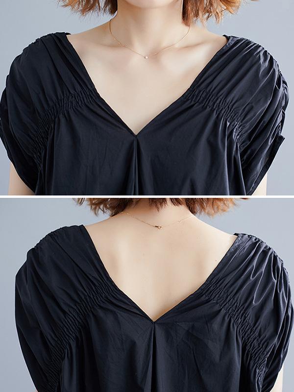 Black Loose Drawstring Ruffled Cropped Midi Dress-Cozy Dresses-Free Size-Black-Free Shipping at meselling99