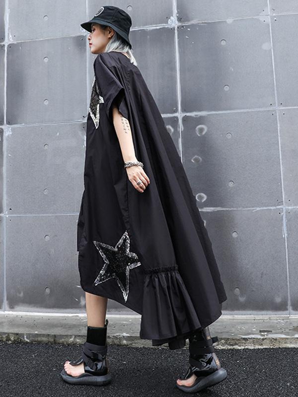 Black Oversize Asymmetric Stars Dress-Maxi Dreses-Free Size-Black-Free Shipping at meselling99