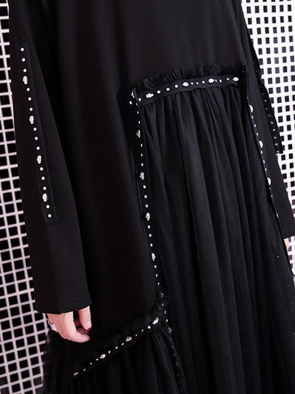 Black Loose Rivet Gauze Splicing Dress-Maxi Dresses-Free Size-Black-Free Shipping at meselling99