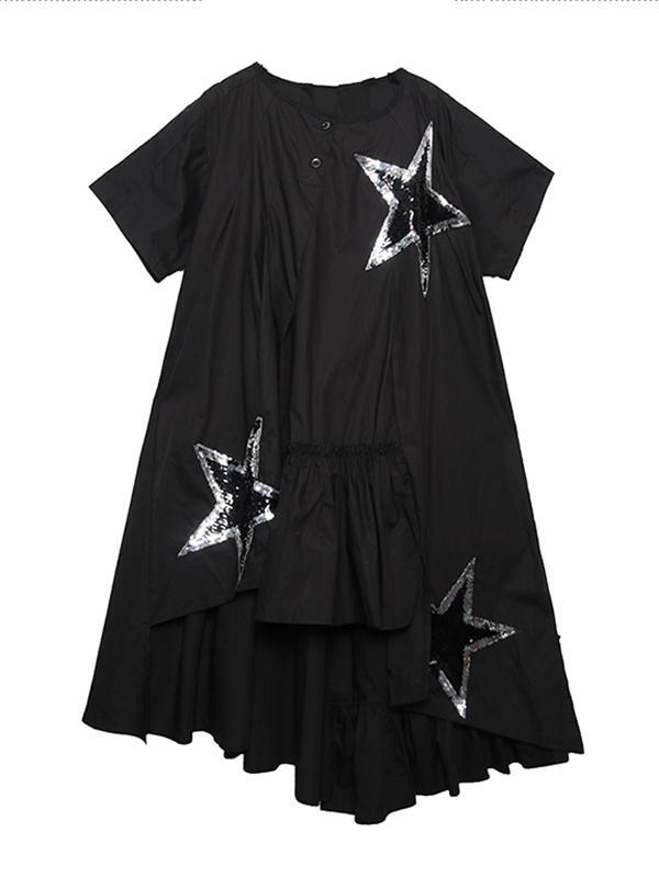 Black Oversize Asymmetric Stars Dress-Maxi Dreses-Free Size-Black-Free Shipping at meselling99