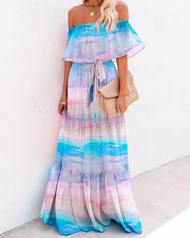 Off The Shoudler Pint Long Maxi Dresses-STYLEGOING