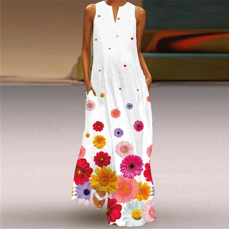 Vintage V Neck Sleeveless Long Dresses