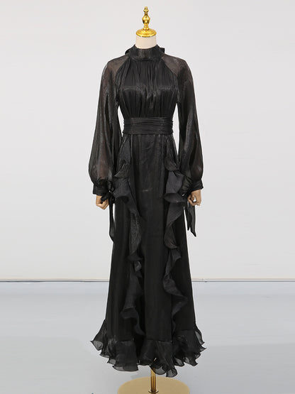 Summer Stand Collar Lantern Sleeve Ruffled Waist Dress for Women