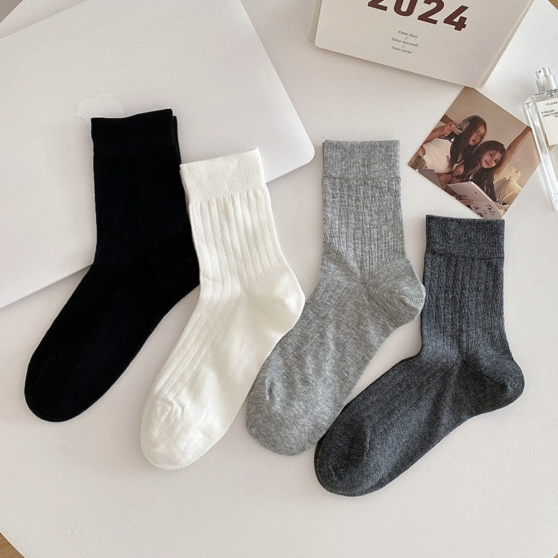 Solid Color Versatile Vertical Striped Thin Mid-Calf Socks