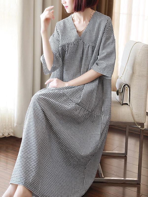 Meselling99 Original Black&White Plaid V-Neck Dress-Maxi Dress-BLACK&WHITE PLAID-FREE SIZE-Free Shipping at meselling99
