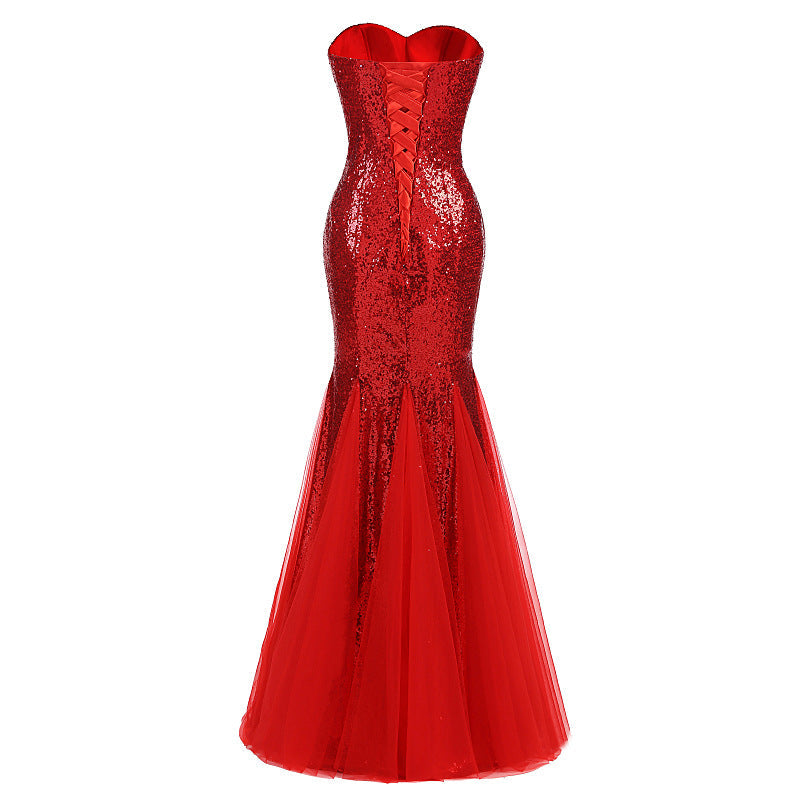 Mermaid Evening Gown – Strapless Backless Long Dress with Sequins & Tulle