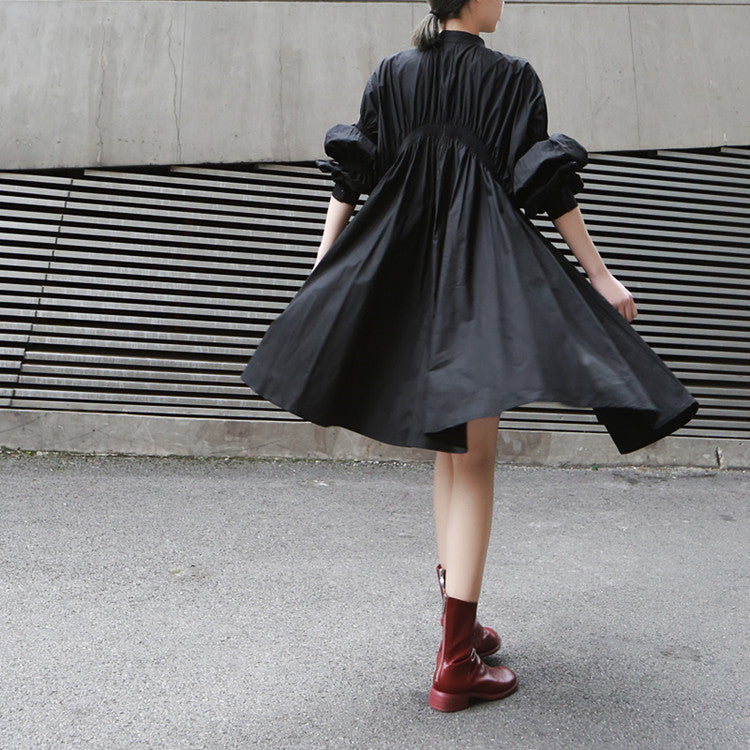 Fashion-Forward Asymmetrical Ruffle Lantern Sleeve Flared Shirt Dress