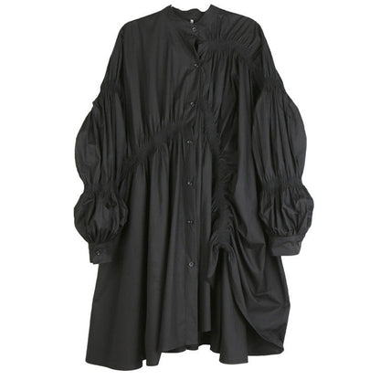 Fashion-Forward Asymmetrical Ruffle Lantern Sleeve Flared Shirt Dress