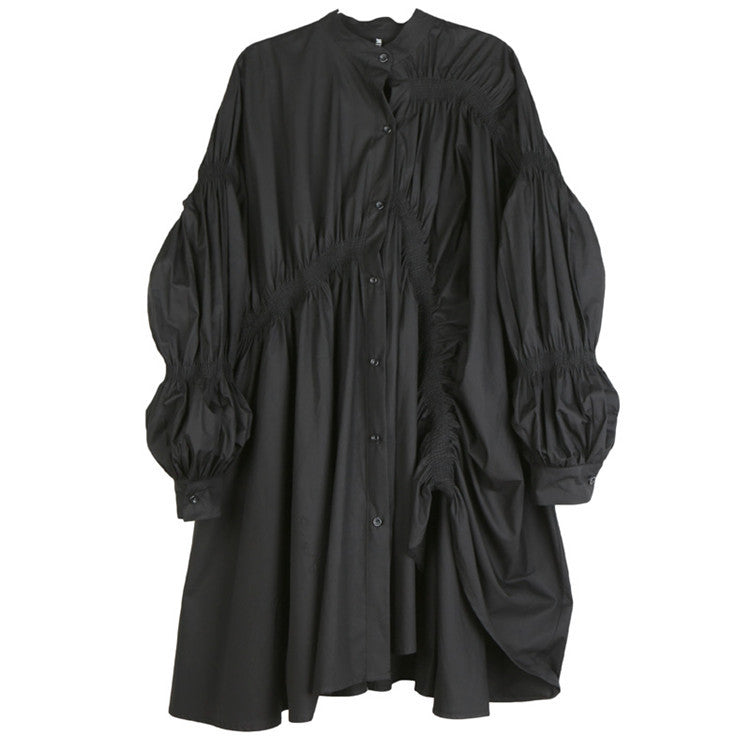 Fashion-Forward Asymmetrical Ruffle Lantern Sleeve Flared Shirt Dress