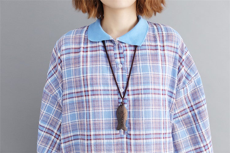 Vintage Linen Plaid Cozy Short Shirt Dresses-Dresses-Free Shipping at meselling99