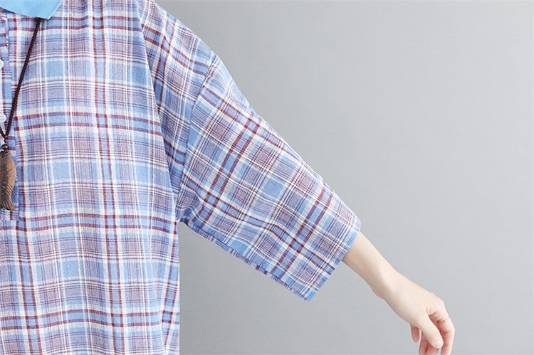 Vintage Linen Plaid Cozy Short Shirt Dresses-Dresses-Free Shipping at meselling99