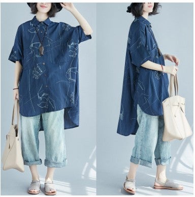 Casual Blue Plus Sizes Short Sleeves Shirts for Women-Shirts & Tops-Blue-One Size (45-70kg)-Free Shipping at meselling99