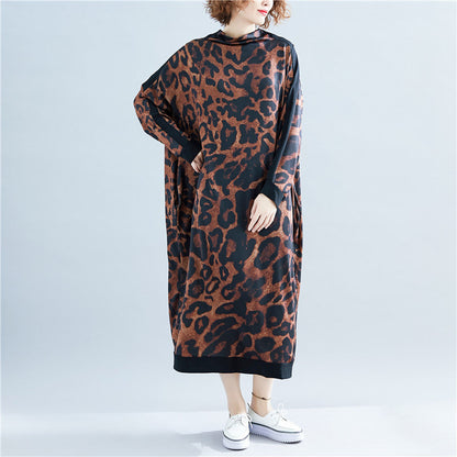 Fall High Neck Leopard Plus Size Long Dresses-Maxi Dresses-Free Shipping at meselling99