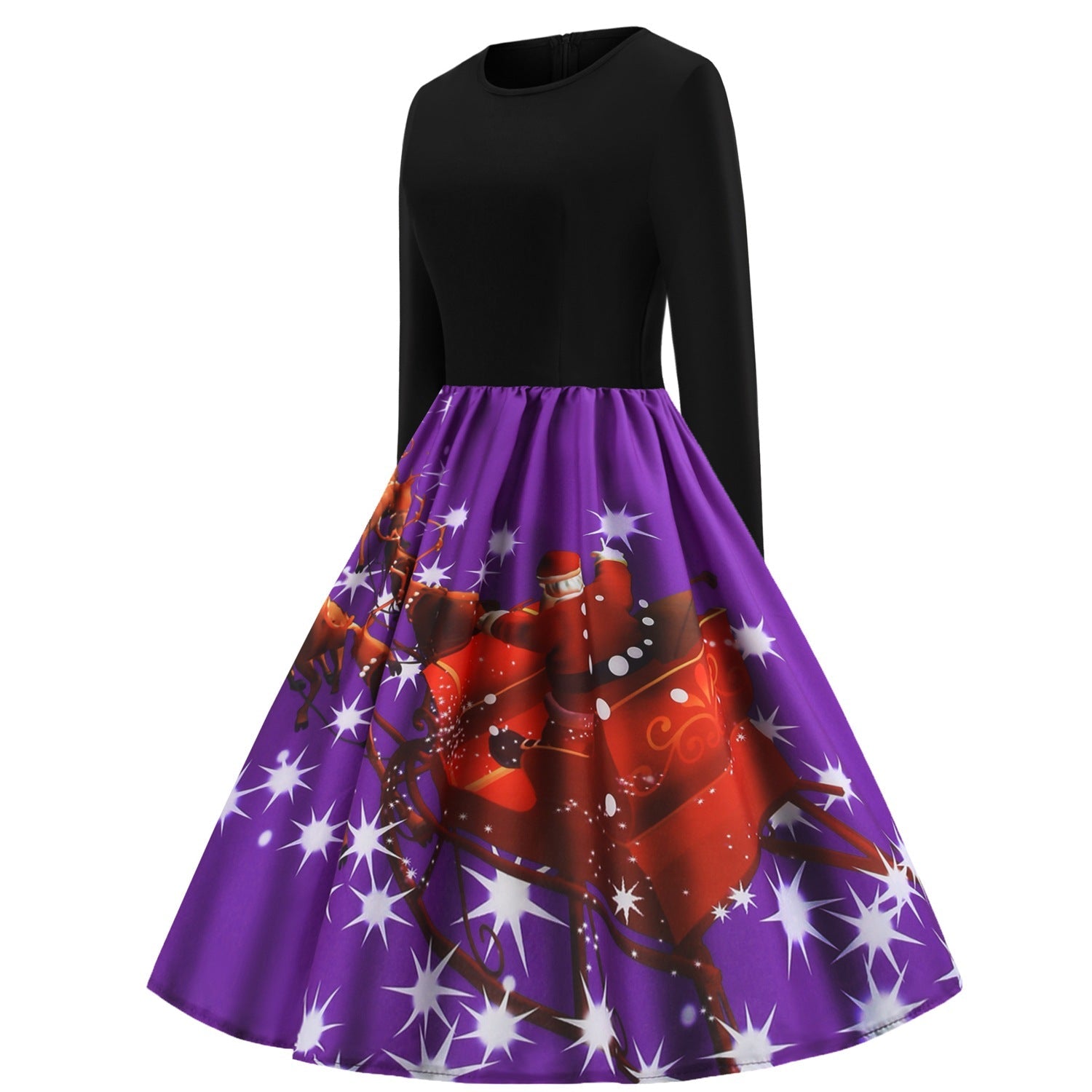 Merry Christmas Sled Round Neck Long Sleeves Women Dresses-Vintage Dresses-Free Shipping at meselling99