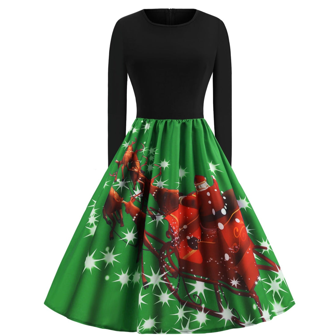 Merry Christmas Sled Round Neck Long Sleeves Women Dresses-Vintage Dresses-Blue-S-Free Shipping at meselling99