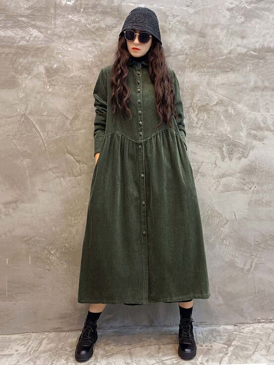 Meselling99 Vintage Solid Corduroy Lapel Dress-Maxi Dress-GINGER-Free Size-Free Shipping at meselling99