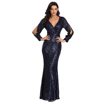Sexy V Neck Sequined Mermaid Evening Dresses-Dresses-Free Shipping at meselling99