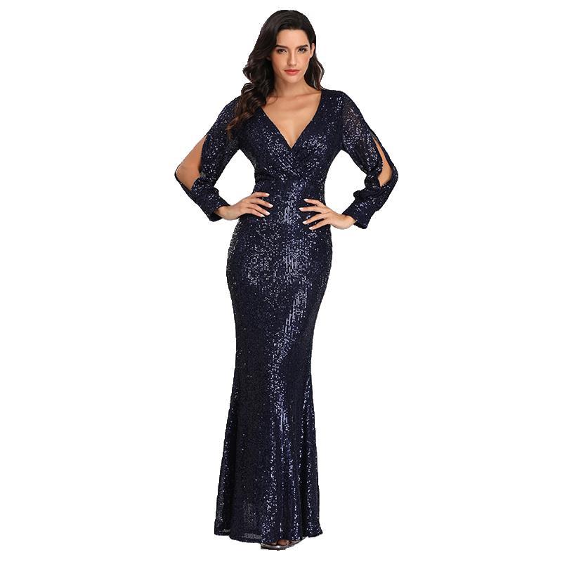 Sexy V Neck Sequined Mermaid Evening Dresses-Dresses-Free Shipping at meselling99