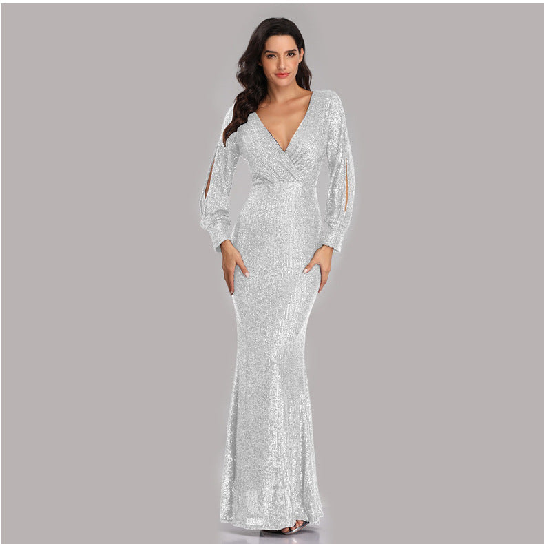 Sexy V Neck Sequined Mermaid Evening Dresses-Dresses-Free Shipping at meselling99