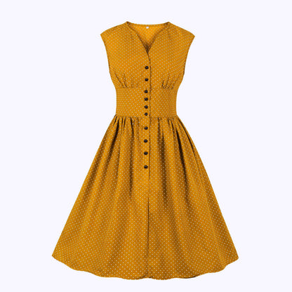 Women Sleeveless V Neck Dot Print Vintage Dresses with Buttons-Vintage Dresses-Yellow-S-Free Shipping at meselling99