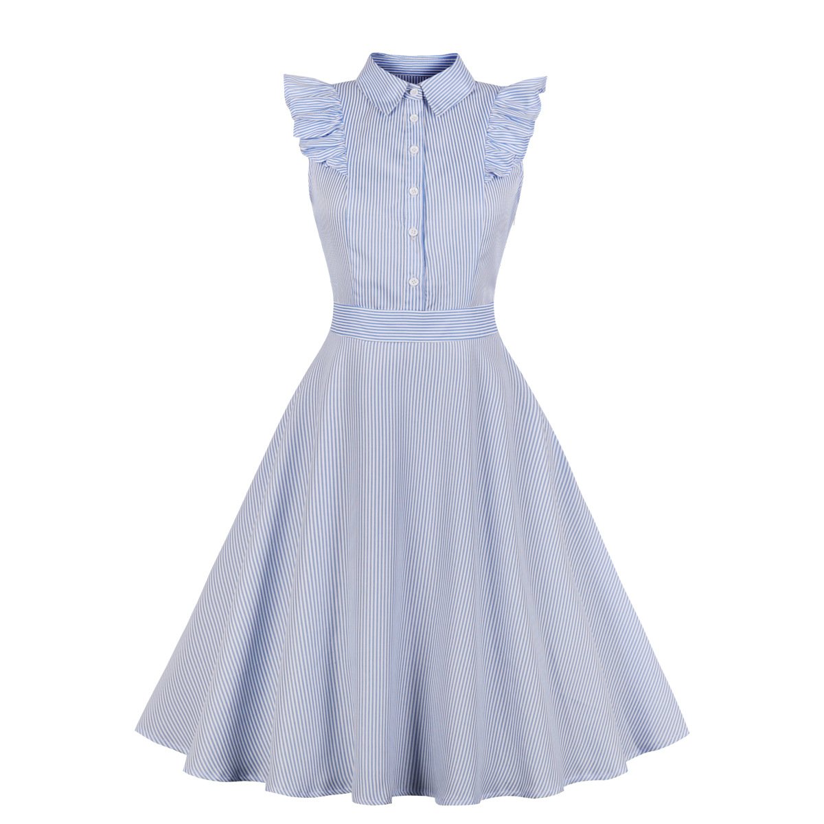 Women Plus Sizes Striped Ruffled Vintage Shirt Dresses-Vintage Dresses-Free Shipping at meselling99