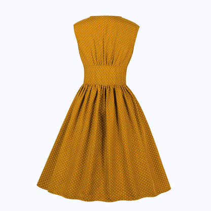 Women Sleeveless V Neck Dot Print Vintage Dresses with Buttons-Vintage Dresses-Free Shipping at meselling99