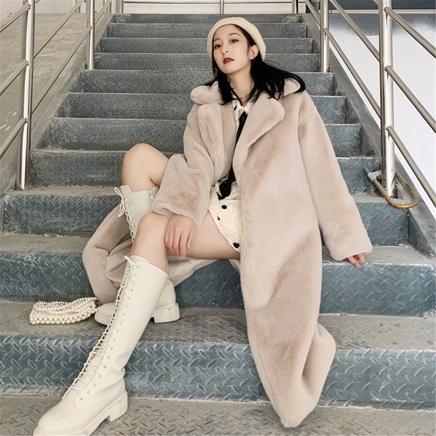Long Plush Rabbit Hair & Mink Fur-Like Coat