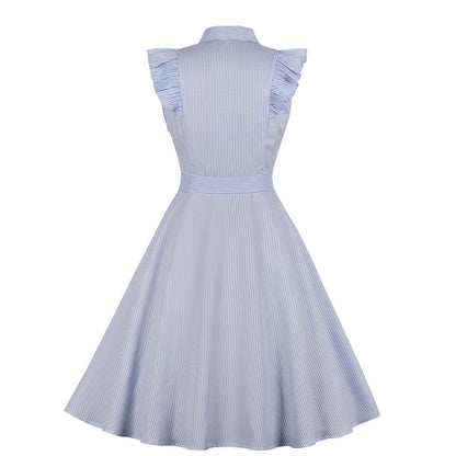 Women Plus Sizes Striped Ruffled Vintage Shirt Dresses-Vintage Dresses-Free Shipping at meselling99