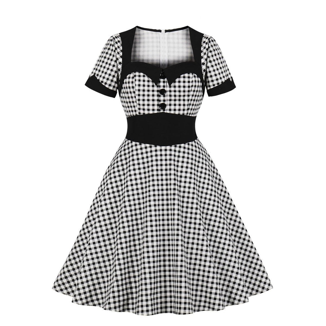 Women Plaid Vintage Square Neckline Short Sleeves Dresses-Vintage Dresses-Free Shipping at meselling99