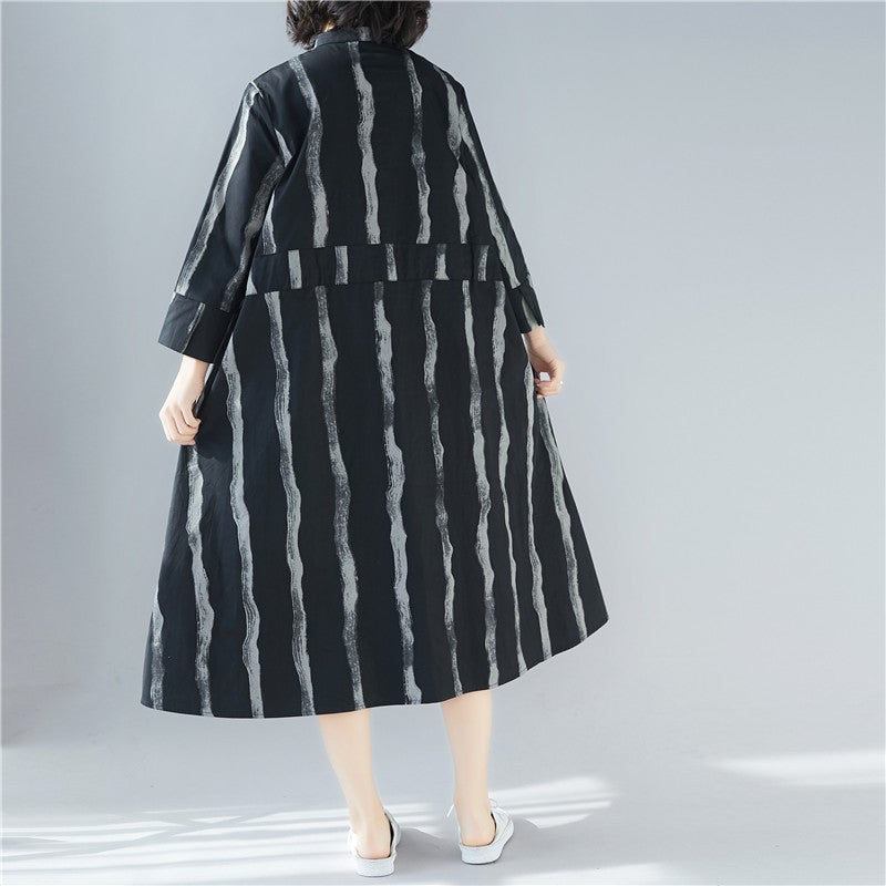 Black Linen Plus Sizes Shirt Midi Dresses-Dresses-Free Shipping at meselling99