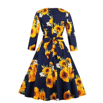 Vintage Women 3/4 Length Sleeves Sunflower Dresses-Vintage Dresses-Free Shipping at meselling99
