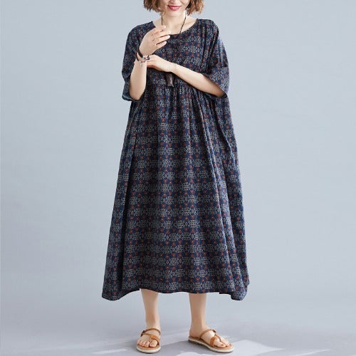 Vintage Linen Plus Sizes Summer Long Maxi Dresses-Dresses-Navy Blue-One Size-Free Shipping at meselling99