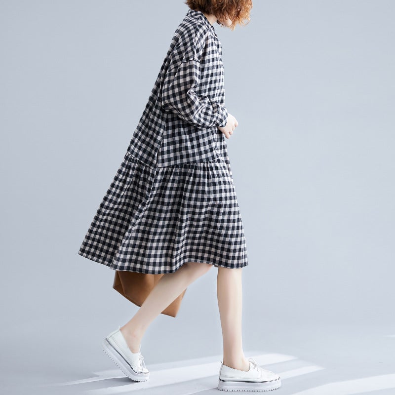 Casual Linen Plaid Plus Sizes Shirt Short Dresses-Dresses-Free Shipping at meselling99