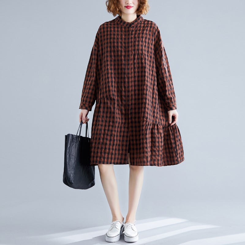 Casual Linen Plaid Plus Sizes Shirt Short Dresses-Dresses-Free Shipping at meselling99