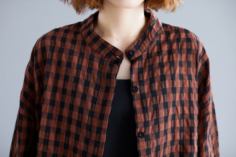 Casual Linen Plaid Plus Sizes Shirt Short Dresses-Dresses-Free Shipping at meselling99