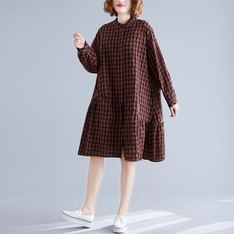 Casual Linen Plaid Plus Sizes Shirt Short Dresses-Dresses-Free Shipping at meselling99