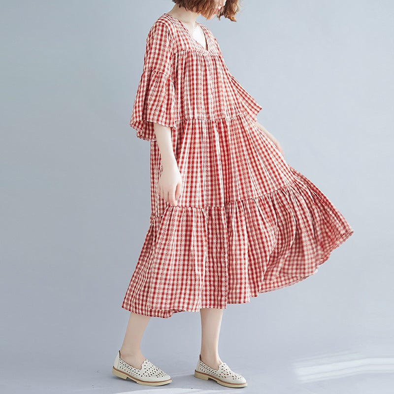 Red Plaid Plus Sizes Summer Midi Dresses-Dresses-Red-One Size-Free Shipping at meselling99
