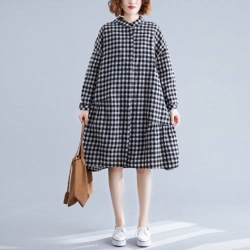 Casual Linen Plaid Plus Sizes Shirt Short Dresses-Dresses-Black-One Size-Free Shipping at meselling99